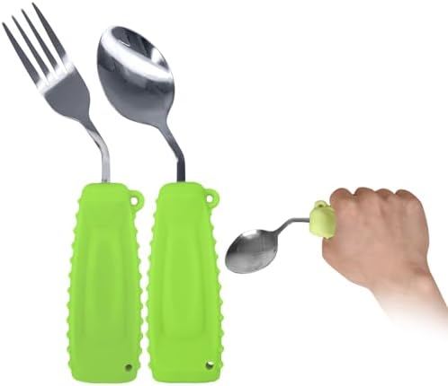 Adaptive Utensils Angled Spoon and Fork for Hand Tremors Parkinsons,Weighted Utensils with Non-Slip Easy Grip Handles for Independent Eating (1pcs Spoon+1pcs Fork=2 pcs,Green,Right Hand)