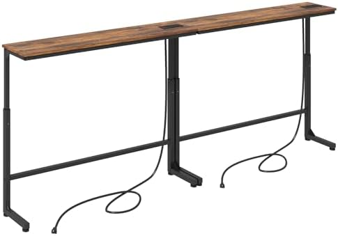 Kitstorack 2-Pack Rustic Brown Console Table, 7.9" Deep Panel, Adjustable Height (25"-33") & Built-in Power Outlets, Behind Sofa Couch, Includes 4.9' Power Cord - 79" L