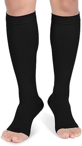 MGANG® Short Length 20-30 mmHg Compression Stocking for Men and Women, Reduced Length, Open Toe, Opaque, Support Hose for Varicose Veins, Edema, DVT, Pregnancy, Black X-Large