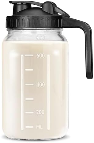 32 OZ Mason Jars with Lid, Glass Pitcher Double Leak Proof with Pour Spout Handle, 2 Quart Wide Mouth Breast Milk Pitcher for Fridge, Creamer Container for Coffee, Sun Tea(Black,1 Pack)