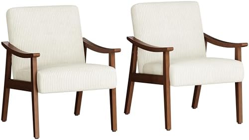 Yaheetech Corduroy Accent Chair, Mid-Century Modern Armchair with Solid Wood Legs, Reading Leisure Chair with High Back for Living Room Bedroom Waiting Room, Set of 2, Beige