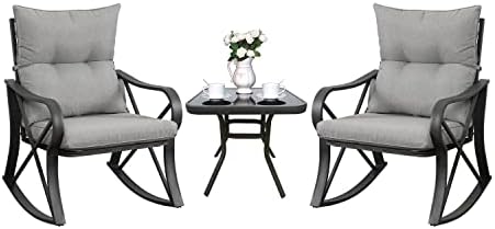COSIEST 3 Piece Bistro Set Patio Rocking Chairs Outdoor Furniture w Warm Gray Cushions, Glass-Top Table for Garden, Pool, Backyard