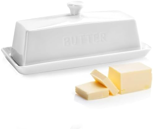 Butter Dish with Lid,WERTIOO Butter Dish With Lid for Countertop,7.6" x 3.3" Butter Tray,Butter Holder for 1 Stick.Textured Tray Butter Keeper for Non Slip Storage,Ceramic - White