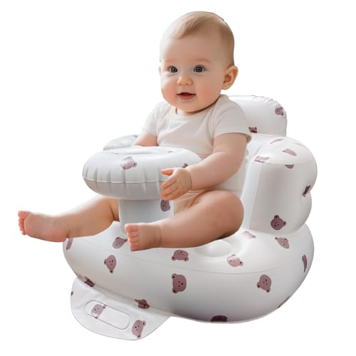 Inflatable Baby Seat with Tray, Sit Me Up Floor Seat for Baby for 3-36 Months Built in Air Pump Blow Up Floor Chair Back Support - Bear