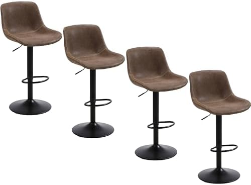 Bar Stools, Swivel Counter Height Barstools with Back, Adjustable Modern Bar Chairs, Tall Armless PU Leather Kitchen Island Stool (Brown, Set of 4)