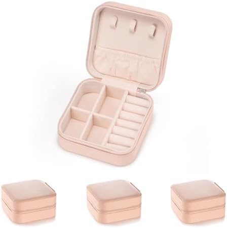 3pack/PU Leather Travel Jewelry Case, Mini Jewelry Box, Small Jewelry Organizer Portable Display Storage Case for Rings Earrings Necklace Bracelet, for Girls Women (Pink - 3 Packs)