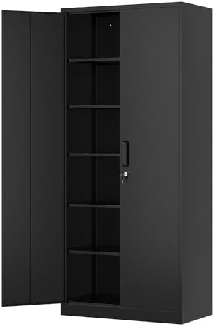 Metal Storage Cabinet-71” Tall Steel File Cabinets with Lockable Doors and Adjustable Shelves-Black Steel Storage Cabinet for Home, School, Office, Garage