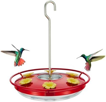 Kingsyard Hummingbird Feeder for Outdoors Hanging - Heavy Duty Metal lid with 6 bee Guard Feeding Ports & Circular Perch, Built-in Ant Moat, Easy to Refill & Clean(12 Oz).
