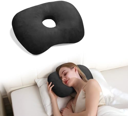 Ear Piercing Hole Pillows Side Sleeper Pillow with an Ear Hole for CNH Side Sleepers and Ear Inflammation Pressure Sores, Adjustable Cotton and Polyester Curved Side Pillow, Black Velvet