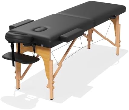 ABET Massage Table, 2 Fold Portable Lash Bed for Eyelash Extensions, Height Adjustable Lightweight Professional Facial Spa Beauty Salon Tattoo Table, Wood Feet & Black