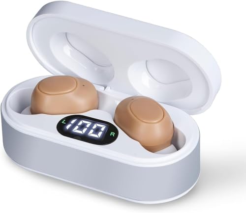 Hearing Aids for Seniors, Rechargeable Hearing Amplifiers with Noise Canceling, Crystal Clear Sound, Invisible OTC Hearing Aids w/Charging Case for Adults（White）