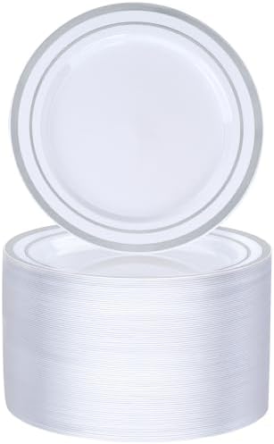 BESTVIP 100PCS 7 Inch Silver Plastic Dessert Plates, Disposable Plate with Silver Rim for Salad/Samll Cakes, Heavy Duty Plates for Party, Wedding and Birthday, Events, Christmas, Thanksgiving