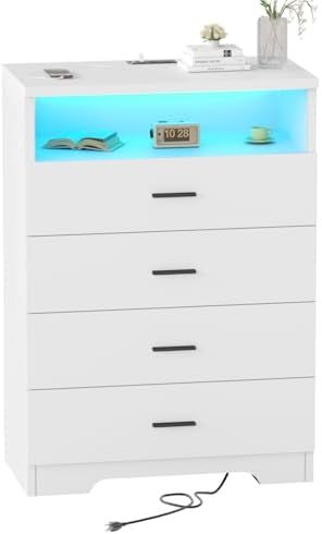 Dresser with Power Outlets and LED Lights Wooden 4 Drawer Dresser with Large Organizer Tall White Drawer for Bedroom Modern Chest of Drawers Closet for Living Room Kids Room