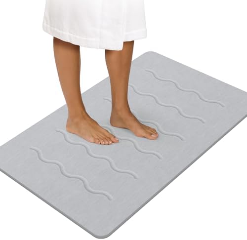 OTHWAY 32"x 20" Stone Bath Mat Large, Diatomaceous Earth Bath Mat for Bathroom Quick Drying Absorbing, Long Non-Slip Diatomite Hard Stone Shower Mat Instant Dry(Light Grey)