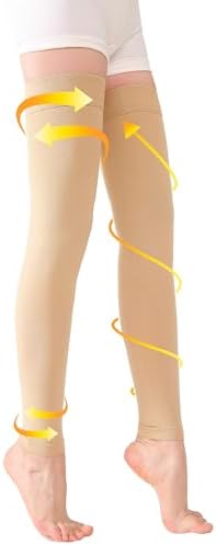 TOFLY® Medical Thigh High Compression Socks Footless for Women & Men, Opaque Support Hose, 15-20mmHg Graduated Compression Stockings with Silicone Band for Varicose Veins, Edema, DVT, 1 Pair Beige L