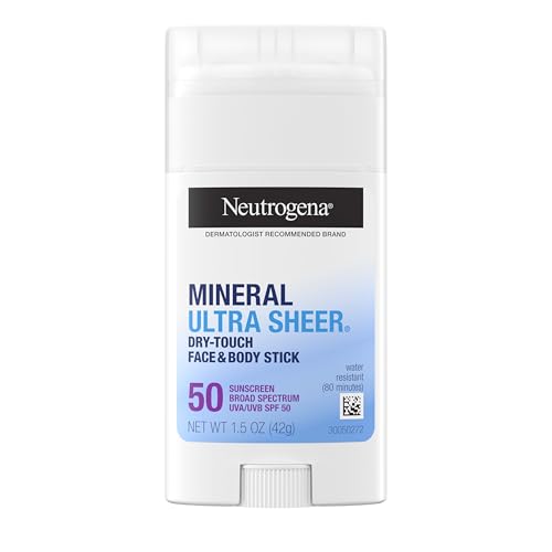 Neutrogena Ultra Sheer Dry Touch SPF 50 Mineral Sunscreen Stick for Sensitive Skin, Face & Body Sunscreen with Zinc Oxide & Vitamin E, No White Residue, Non-Comedogenic & Vegan, 1.5 oz