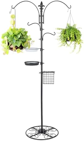 Adjustable Shepherd Hook Stand, 34"- 55" Black Iron Shepherd Hook with Base for Plant Hanging, Wind Chime & Bird Feeder - Outdoor Garden Porch Decoration(Classic Style)
