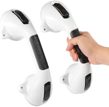 Suction Grab Bar with Safety Indicator for Bathtub Shower Bathroom, Heavy Duty Handrail Removable Reusable for Elderly disabled and Kids, Anti-Slip Grip, No Drilling Tool Free, Waterproof Black