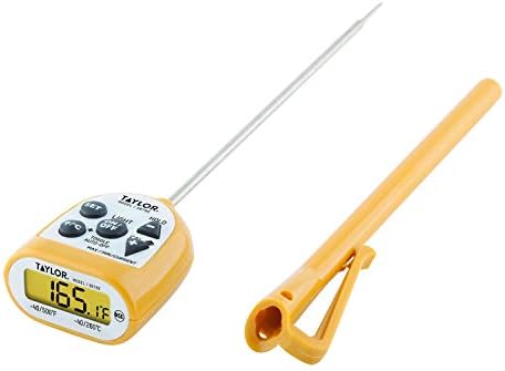Taylor Compact Waterproof Digital Food Thermometer, 4.5 Inch Stem Length with an FDA Recommended 1.5mm Stepdown Probe Diameter and Amber Backlit LCD, HOLD, Min/Max; NSF, Yellow