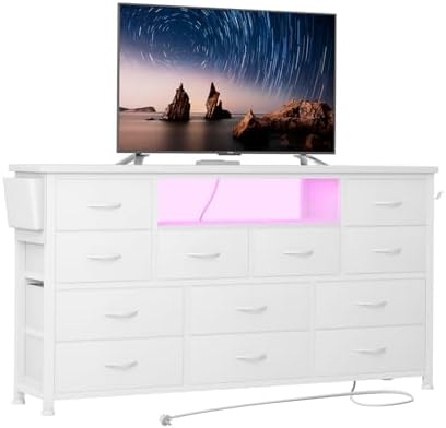 Dresser TV Stand with Power Outlet & LED for 45'' TV, Long Dresser for Bedroom with 12 Drawers, Wide Console Table for Storage in Closet, Living Room, Entryway, Wood Top