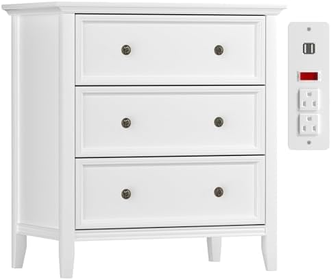 IKENO Solid Wood Nightstand with 3 Drawers and Power Outlet, Tall Bedside Cabinet 16.8" D x 27.6" W x 26.8" H, Single Unit for Bedroom, White