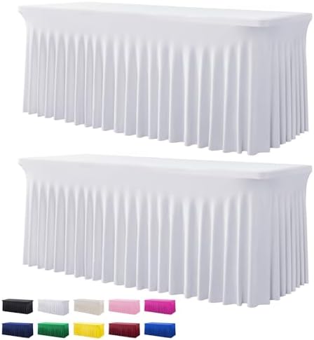 2 Pack White Spandex Table Clothes for 6 Foot Rectangle Tables, Wrinkle Free Fitted Table Cover 6ft Stretch Tablecloths Desk Skirt for Parties Weddings Birthday Banquet Baby Shower