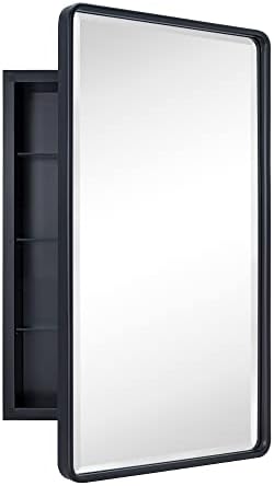 TEHOME Farmhouse Black Metal Framed Recessed Bathroom Medicine Cabinets with Mirror Rounded Rectangle Medicine Cabinet with BeveledMirros,16.5x27.5''