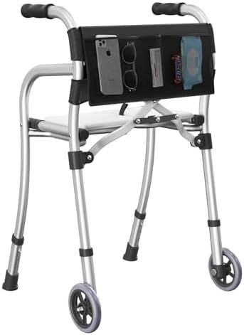 Walkers for Seniors, Folding Standard Walker with Seat, Lightweight Aluminum Mobility Rolling Walker for Seniors and Adults, Compact Travel Walker Height Adjustable, Supports 350 lbs，Only 8LBS