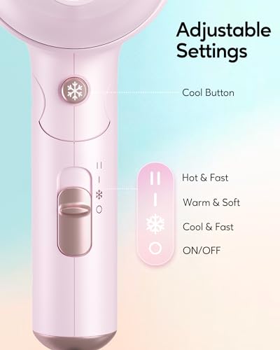 Wavytalk Blow Dryer with Diffuser, Mini Hair Dryer with Folding Handle, 1600W Quiet Lightweight Hairdryer with Diffuser Compact Design, Pinky White