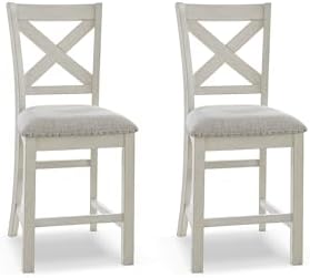 Signature Design by Ashley Robbinsdale Farmhouse Armless 24.75" Counter Height Upholstered Bar Stool with Foot Rest, Set of 2, White & Light Gray