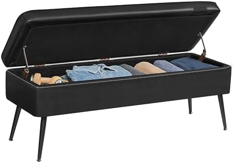 VASAGLE EKHO Collection - Storage Ottoman Bench, Entryway Bedroom Bench, 15 Gallons, Synthetic Leather with Stitching, Mid-Century Modern, Safety Hinges, Loads 660 lb, Ink Black ULOM074B01