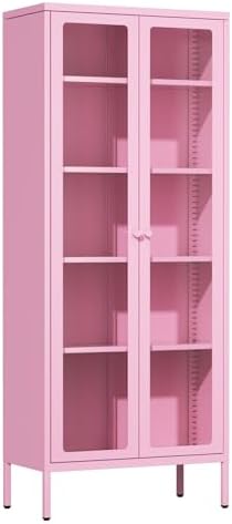 Crownland Metal Storage Cabinet with Glass Doors, Display Curio Glass Cabinet with 4 Adjustable Shelves, Tall Modern Office Storage Cabinets for Home Office, Living Room, Pantry(Pink)