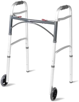 HEALTHLINE Folding Walker with 5" Wheels – Adjustable Height for Short, Standard, and Tall Adults – Aluminum Frame with 2-Button Folding – Includes 2 Pairs of Rear Glides and Complete Hardware Set