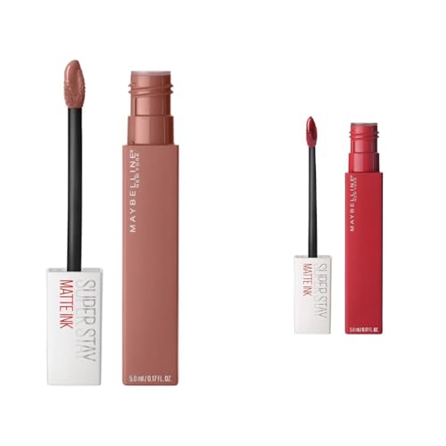 MAYBELLINE Super Stay Matte Ink Liquid Lipstick Bundle with Seductress Light Rosey Nude and Pioneer Blue Red Shades, 1 Count Each
