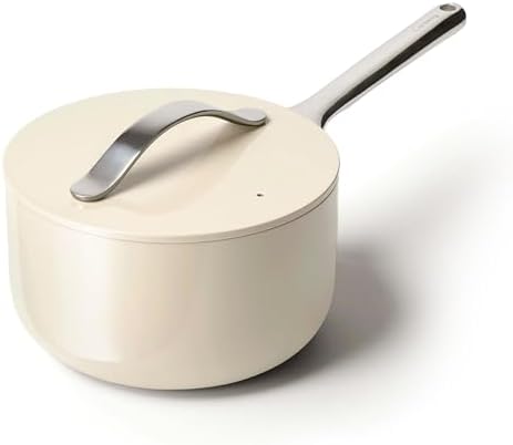 Caraway Nonstick Ceramic Sauce Pan with Lid (3 qt) - Non Toxic, PTFE & PFOA Free - Oven Safe & Compatible with All Stovetops (Gas, Electric & Induction) - Cream