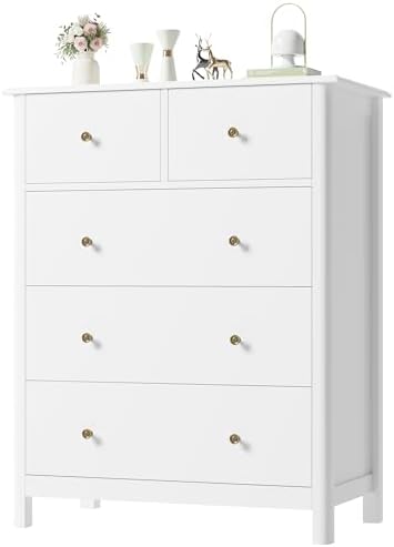 HOUSUIT White Dresser with 5 Drawers, Tall Chest of Drawers, 5 Drawer Dresser with Deep Space, Wood Storage Cabinet for Living Room, Hallway, Office, White
