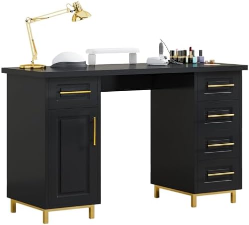 Black and Gold Nail Tech Desk with Drawers, 43 Inch Manicure Table with Storage for Nail Tech, Nail Makeup Beauty Salon Table with 5 Drawers and Cabinet, Wooden Salon Spa Desk