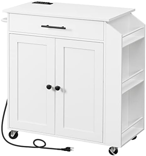 HOOBRO Kitchen Island with Power Outlet, Kitchen Storage Island with Spice Rack and Drawer, Rolling Kitchen Cart on Wheels, for Home, Kitchen and Dining Room, White WT82UZD01G1