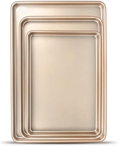 Baking Sheet Pan Set of 3, Commercial Cookie Sheets for Baking, Nonstick Half/Quarter/Jelly Roll Pans Replacement Toaster Oven Tray, Heavy Duty & Easy Clean, Champagne Gold