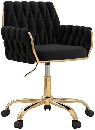 Velvet Modern Home Office Vanity Chair, 360° Swivel Adjustable Height Makeup Desk Chair with Golden Base and Hand Woven Backrest for Bedroom/Study/Vanity (Black)
