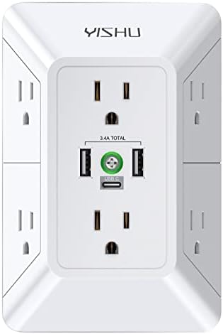 Multi Plug Outlet Surge Protector - YISHU 3 Sided Power Strip with 6 AC Outlet Extender and 3 USB Ports (1 USB C), Adapter Spaced Outlet Splitter, ETL Listed, White