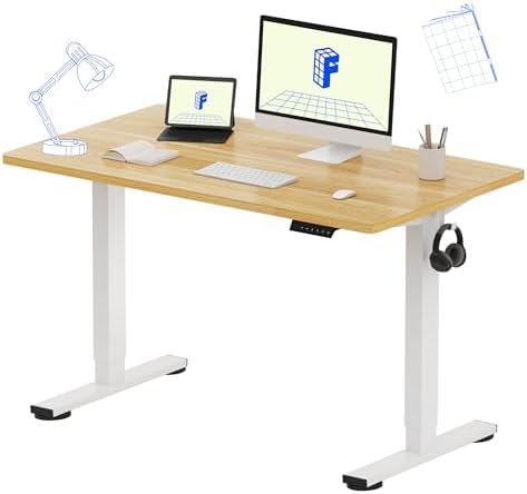FLEXISPOT EN1 One Piece Standing Desk, 48 x 24 Inches Height Adjustable Desk Electric Stand up Desk Home Office Table for Computer Laptop (White Frame + Maple Desktop)