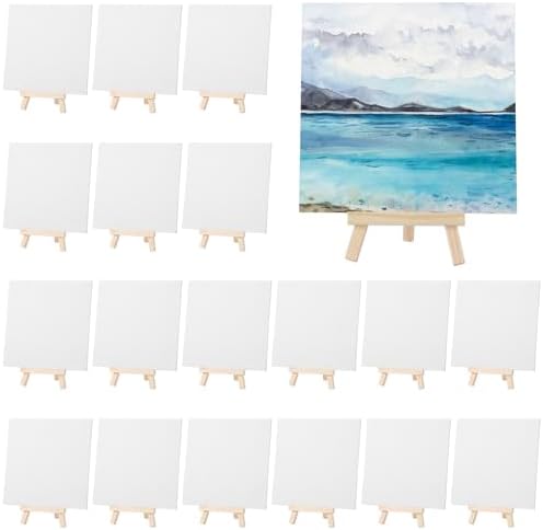36 Pcs Mini Canvas and Easel Set for Painting, 6 x 6 Inch Canvas Panels with 6 Inch Wooden Easels for Oil Acrylic Painting Christmas Birthday Valentine's Mother's Day Art Crafts Party Favors