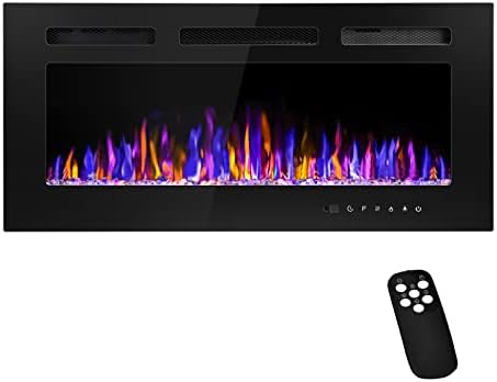 36" Electric Fireplace Wall Mounted and Recessed with Remote Control, 750/1500W Ultra-Thin Wall Fireplace Heater W/Timer Adjustable Flame Color and Brightness, Log Set & Crystal Options