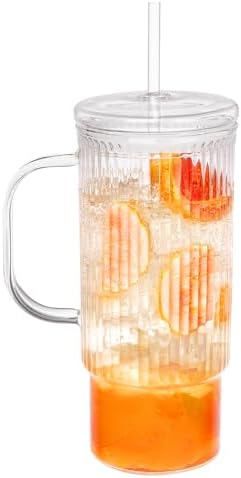 32oz Ribbed Glass Cup with Handle glass Lid and Plastic Straw, Glass Tumbler, Iced Coffee Cups Hot/Cold Drinks
