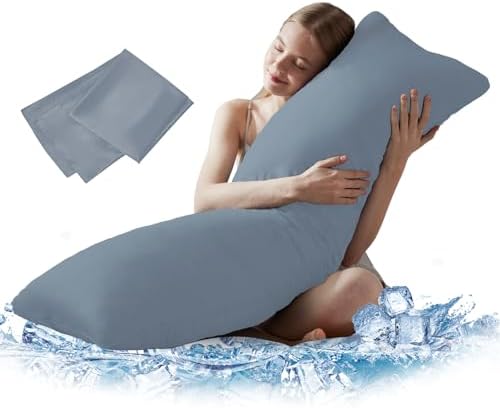 DOWNCOOL Large Body Pillow Insert with Cooling Cover - Soft Long Bed Pillow for Summer - Breathable Full Body Pillow for Adults - 20x54 inch (Grey, with Cover)