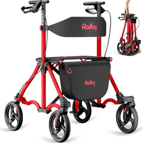 Rollator Walkers for Seniors with Seat, Foldable Travel Rolling Walker, 300 lbs Capacity, Aluminum Compact Portable Walker with Seat, Adjustable Height for Tall over 6ft, 8" Big Wheels(Standard Model)