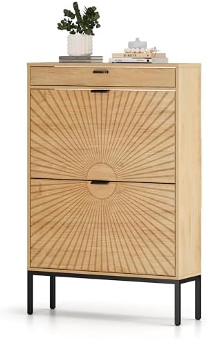 XIAO WEI Shoe Cabinet, Shoe Storage Organizer Cabinet with 2 Flip Half Moon Line Doors, Freestanding Shoe Rack with Adjustable Shelf for Entryway（Oak）