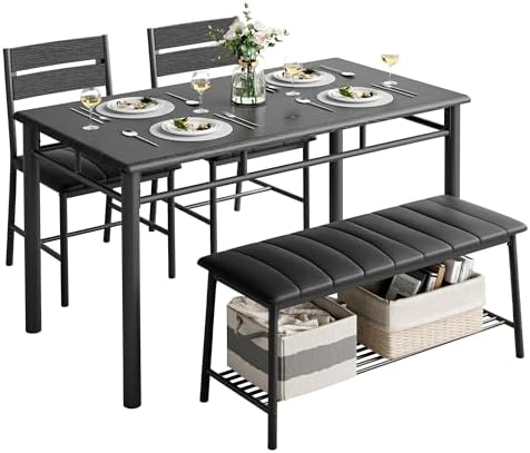 IRONCK Dining Table Set for 4, Kitchen Table with Upholstered Bench and 2 Chairs, Kitchen Table and Chairs Set for Small Space, Apartment, Black