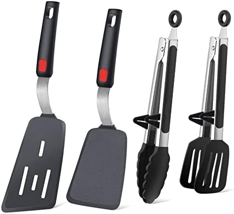 4PCS Flexible Silicone Spatula Turner Set and Kitchen Food Tongs with Silicone Tips, 600F Heat Resistant, Ideal for Flipping Eggs, Fish, Burgers, Pancake and Strong Grip on Salads, Pasta, Steaks, BBQ